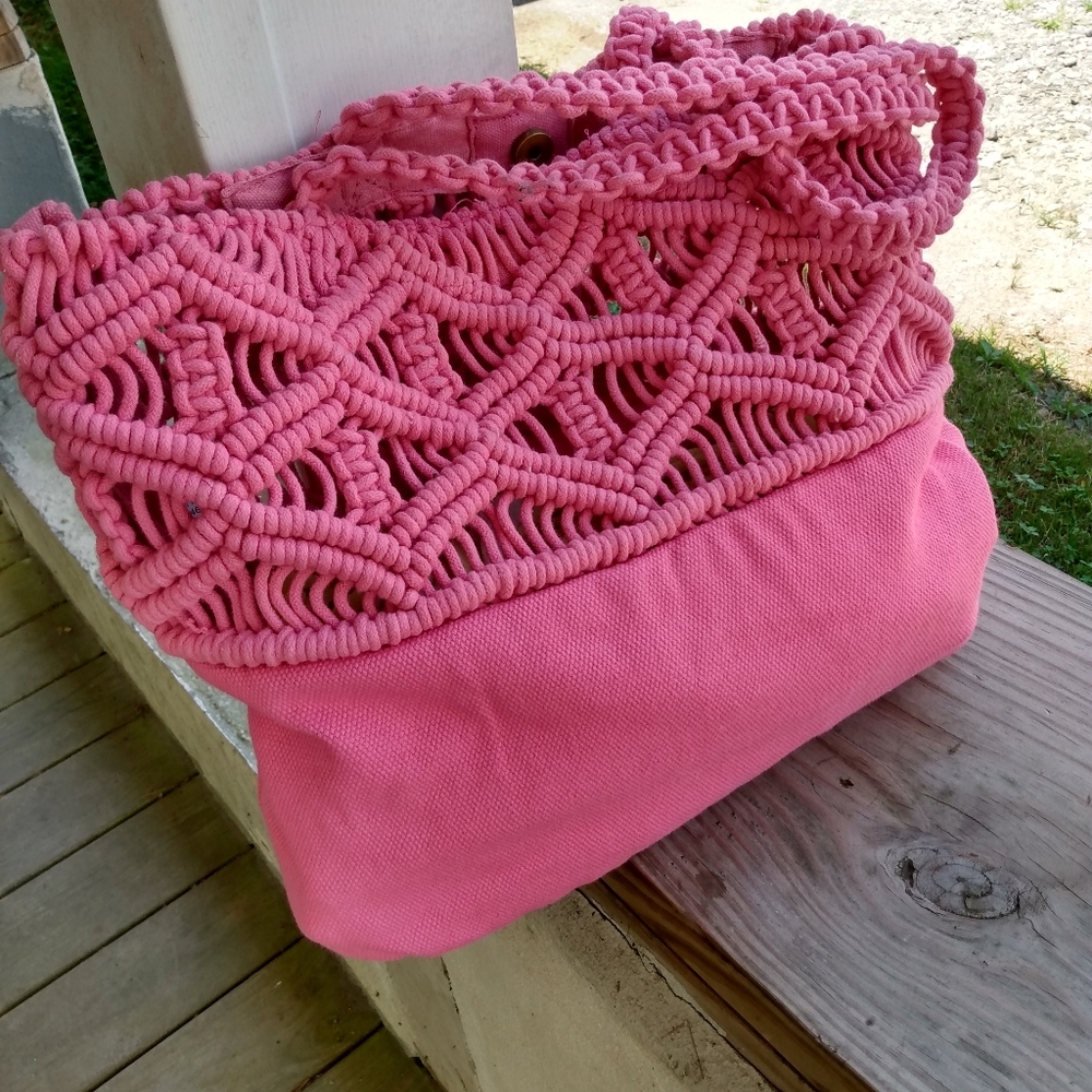 No boundaries pink cotton macrame boho tote